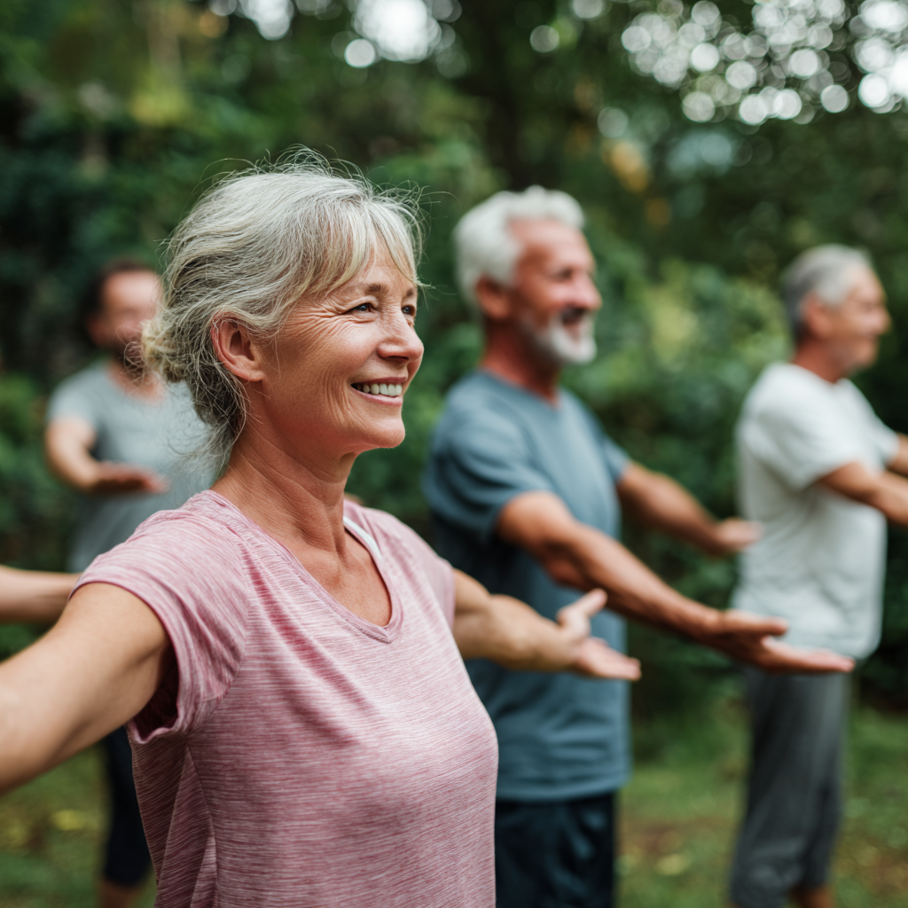 Middle-aged adults practicing gentle movement exercises in natural outdoor setting