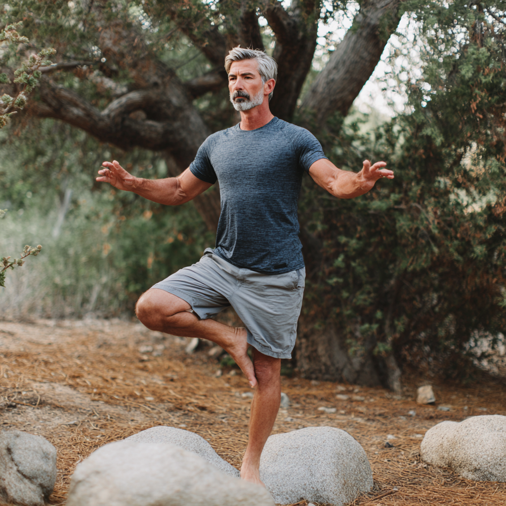 Middle-aged man performing balance exercises in a natural setting