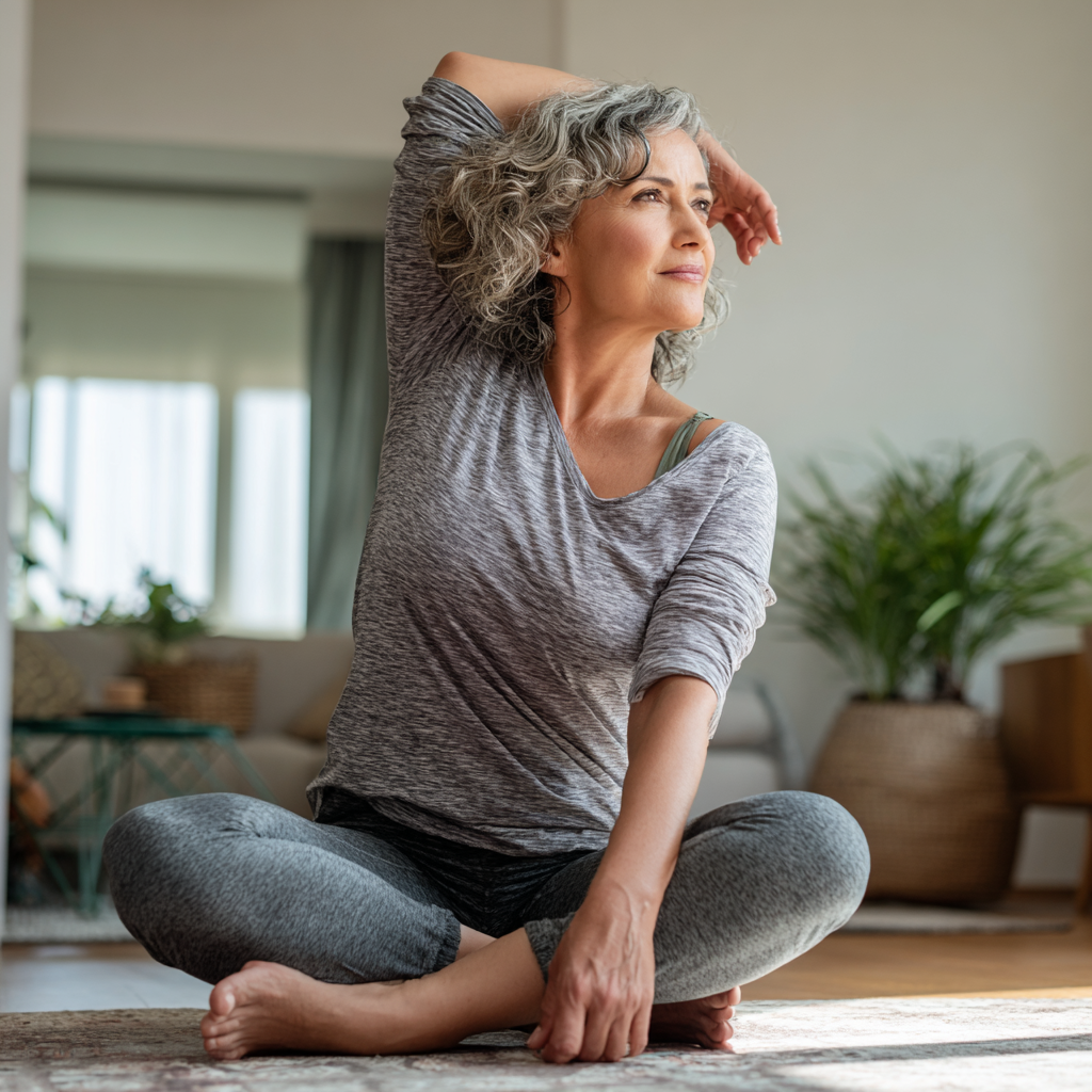 Middle-aged woman doing gentle stretching exercises at home