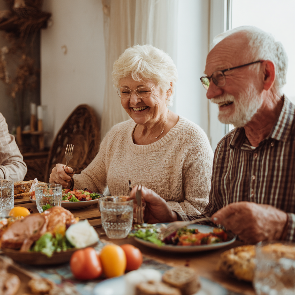 Older adults enjoying healthy meal together at dining table